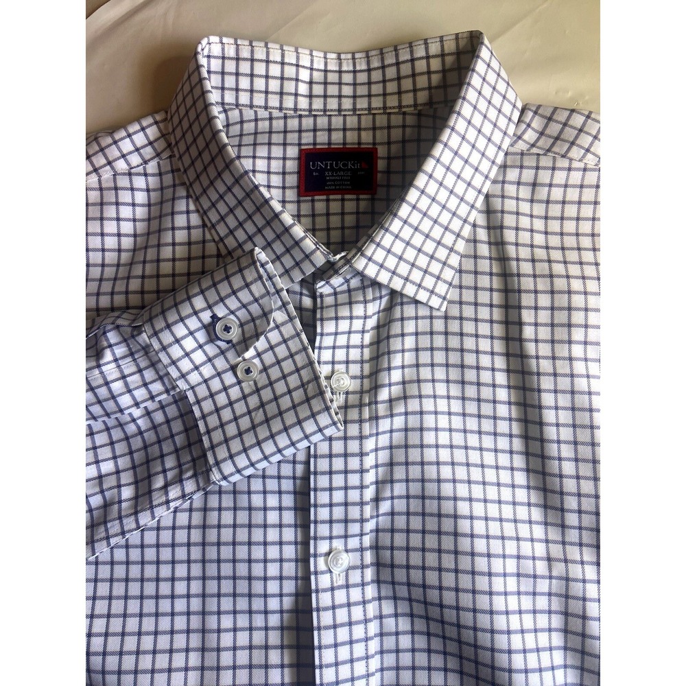 UNTUCKit Mens XX-Large White Blue Check Wrinkle Free Cotton Button Down Shirt